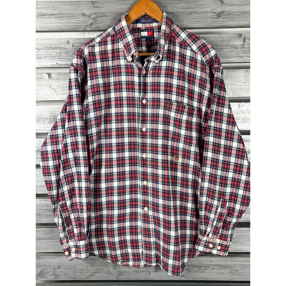 Vtg 90s Tommy Hilfiger Mens Red Plaid Thin Flannel Button Down Shirt L crest